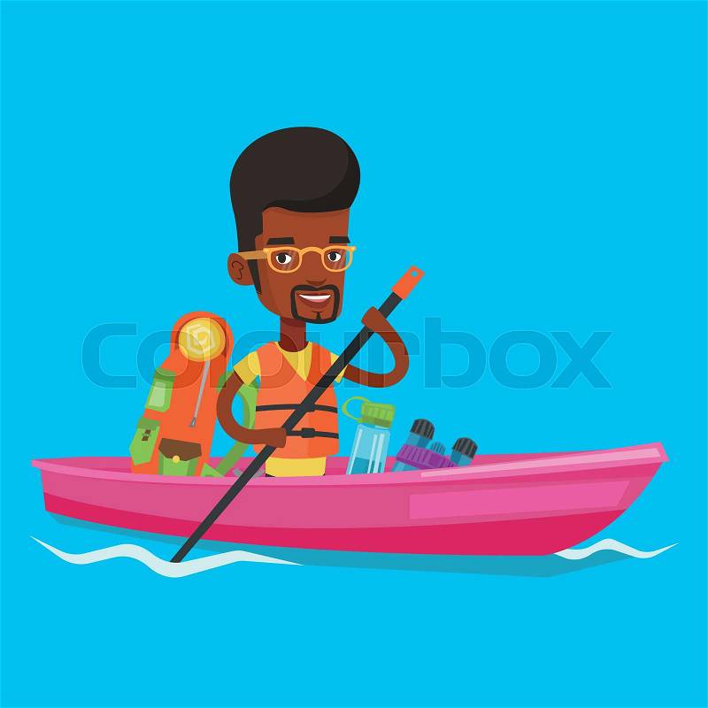 African-american traveling man riding in a kayak on the river with skull in hands and tourist equipment behind him. Happy kayaker traveling by kayak. Vector flat design illustration. Square layout, vector