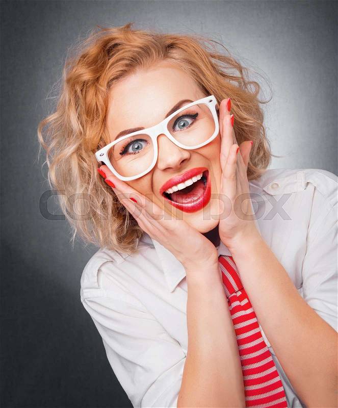 Smile face of young blond woman. Joyful girl, stock photo