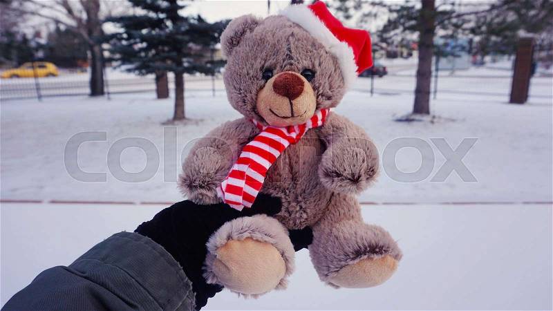 Female hand holding a cute Christmas teddy bear against winter background, stock photo