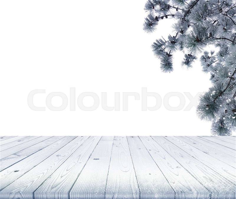 Wood table top on winter background, use for display of your products or content, stock photo