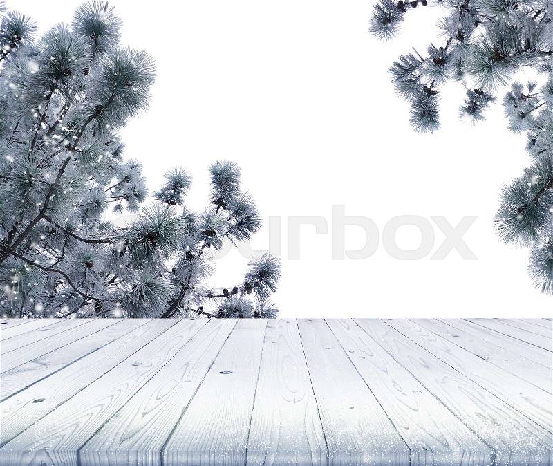 Wood table top on winter background, use for display of your products or content, stock photo