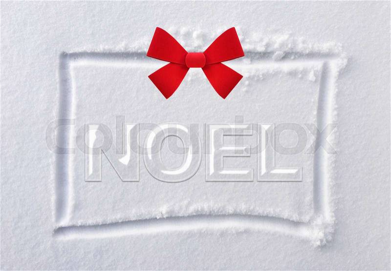 Hand drawn square shape on white clean snow with red bow and word NOEL, stock photo