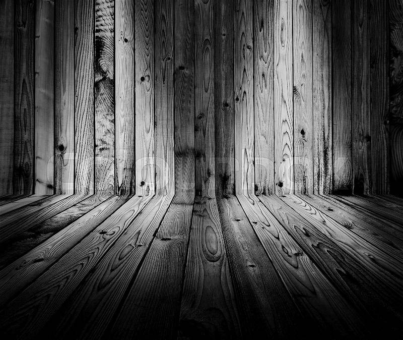 Dark black and white with spot light wood plank texture background, stock photo