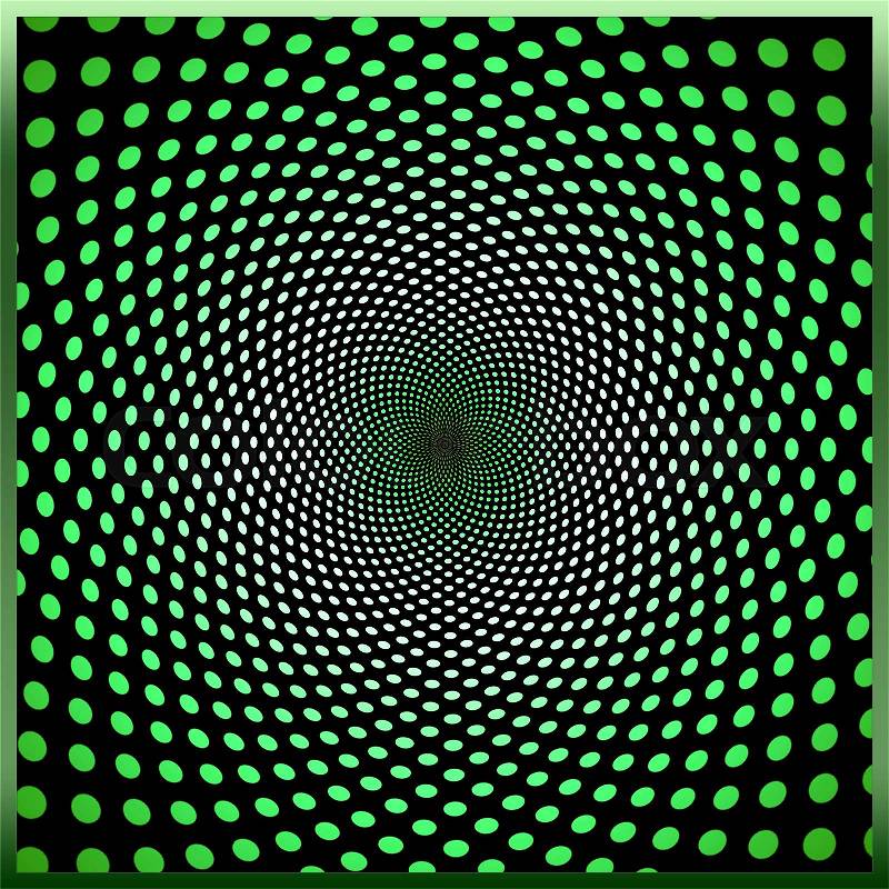 Gradient green white spiral polka dot on black background with border, stock photo