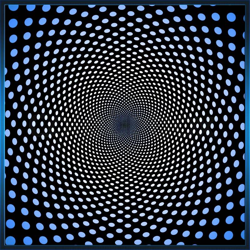 Gradient blue white spiral polka dot on black background with border, stock photo