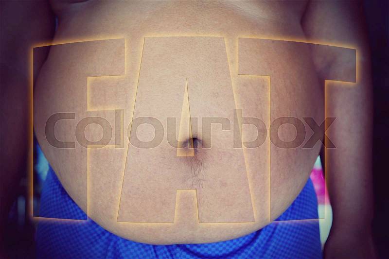 Fat man with a big belly, with word fat, stock photo