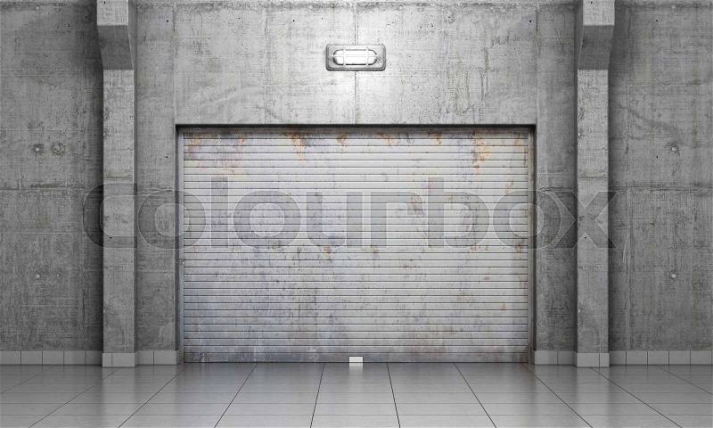 Building made of concrete with roller shutter door. Garage concept, stock photo
