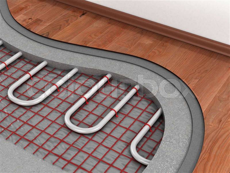 Floor heating system. We see layers of insulation for heating, stock photo