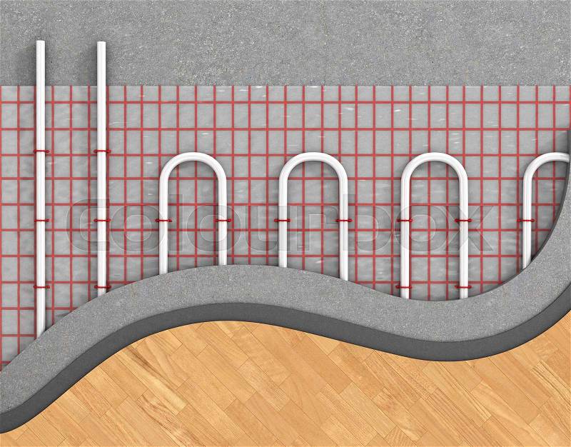 Floor heating system. We see layers of insulation for heating, stock photo