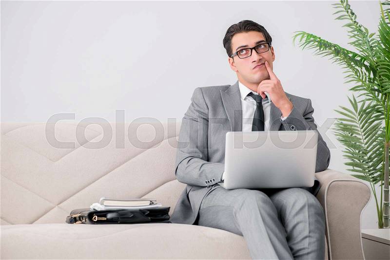 Businessman with laptop notebook sitting in sofa, stock photo