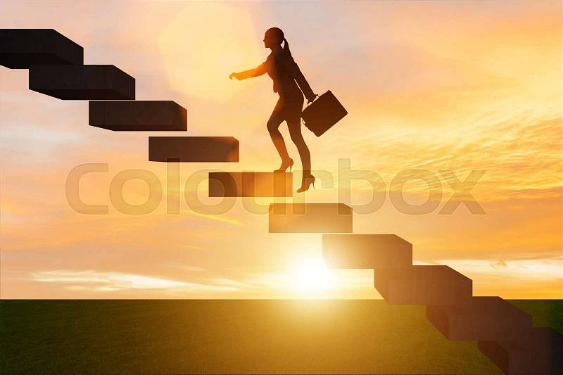 Businesswoman in career growth concept with stairs, stock photo