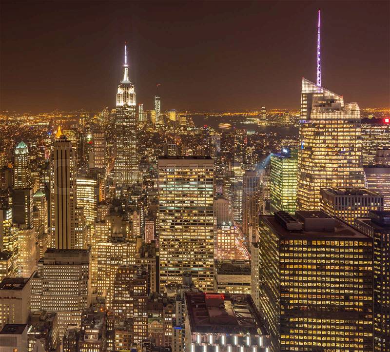 View of New York Manhattan during sunset hours, stock photo