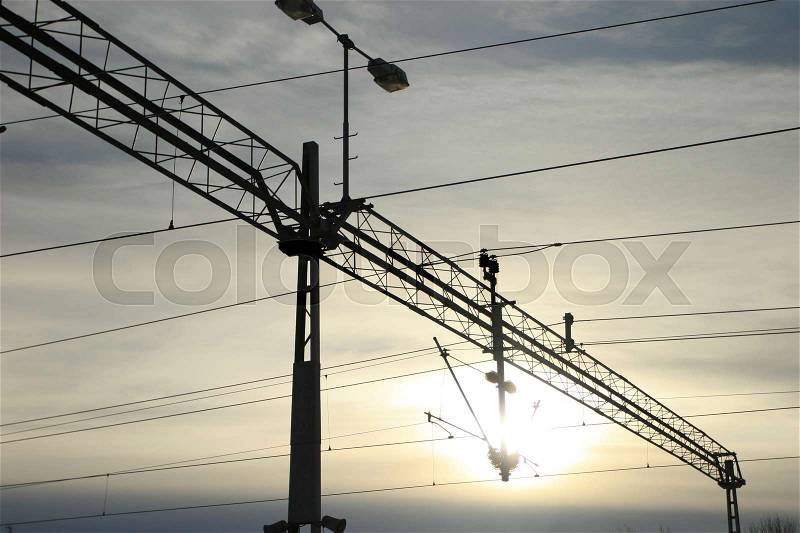Train power lines, stock photo
