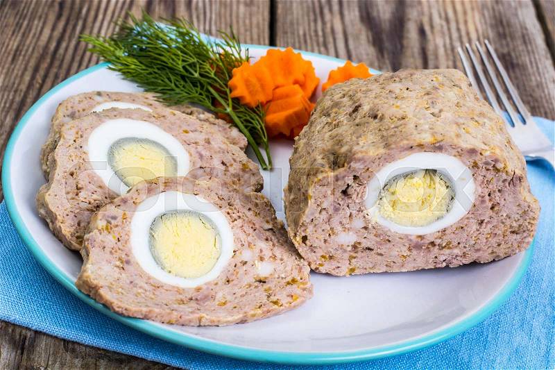 Meat Loaf with egg and carrot. Studio Photo, stock photo