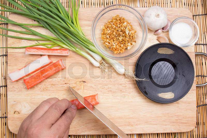 Chef cutting crab imitation / cooking fired rice concept, stock photo