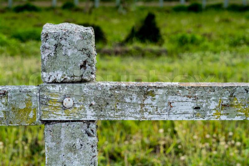 Old wood fence with concrete pole on green blurred background, stock photo