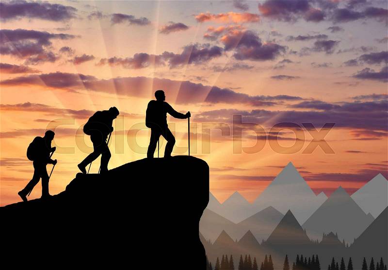Silhouette climbers ascending to top of mountain. Concept teamwork, stock photo