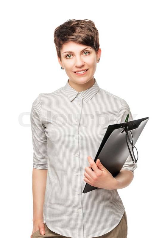 Successful young woman with a folder on a white background isolated, stock photo