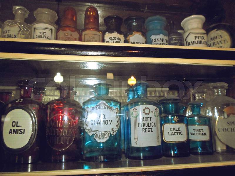 Vintage bottles of medicines in the pharmacy-museum, Lviv, Ukraine, stock photo