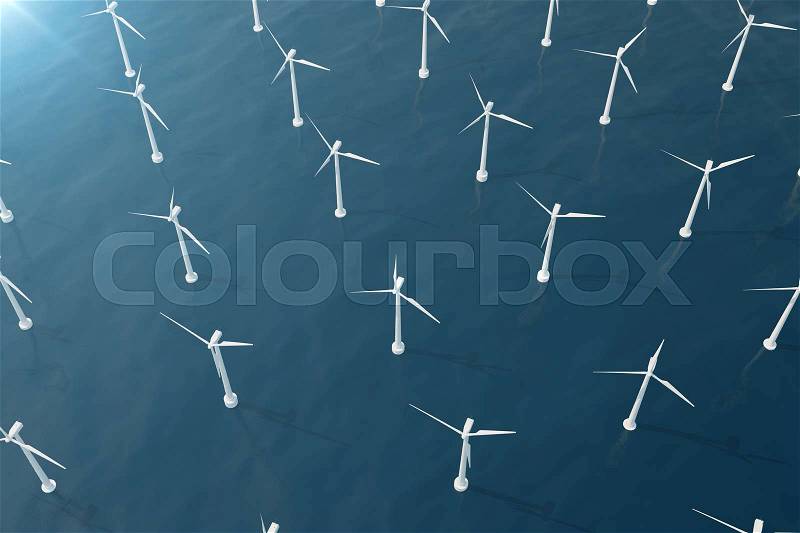 Offshore aerial view of wind turbines in the sea. Clean energy, ecological concept. 3d rendering, stock photo