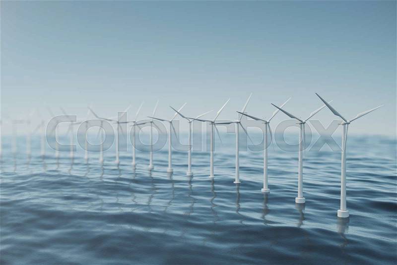 White wind turbine generating electricity in sea, ocean. Clean energy, wind energy, ecological concept. 3d rendering, stock photo
