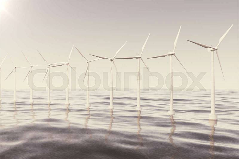 Offshore wind farm turbines caught in sunset sky. Beautiful contrast with the blue sea. ecological concept. 3d rendering, stock photo