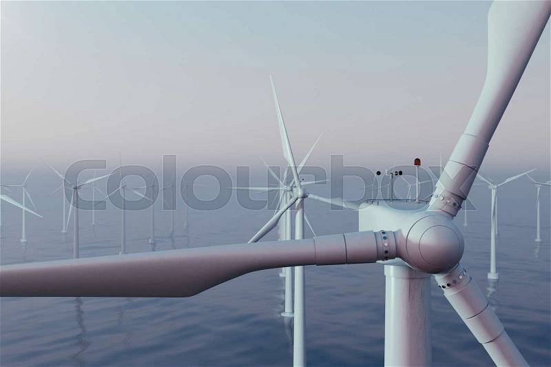 Beautiful sunset wind turbines in sea, ocean. Clean energy, wind energy, ecological concept. 3d rendering, stock photo