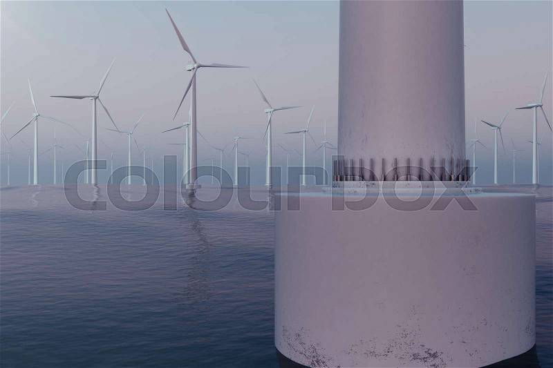 White wind turbines generating electricity in sea, ocean. Clean energy, wind energy, ecological concept. 3d rendering, stock photo