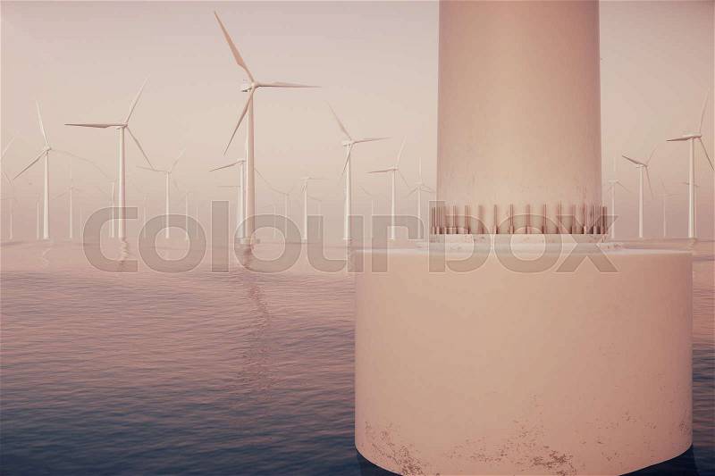 Offshore wind farm turbines caught in sunset sky. Beautiful contrast with the blue sea. ecological concept. 3d rendering, stock photo