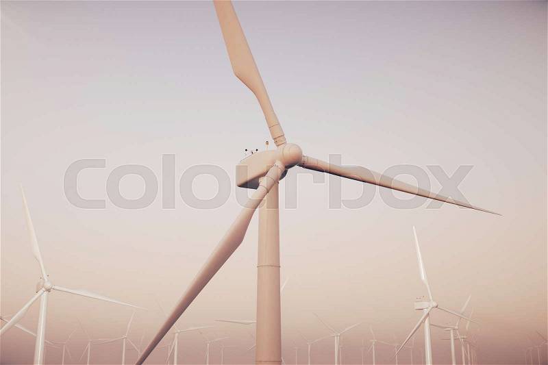 White wind turbines generating electricity in sea, ocean. Clean energy, wind energy, ecological concept. 3d rendering, stock photo
