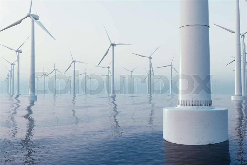 Beautiful the wind turbines in sea, ocean. Clean energy, wind energy, ecological concept. 3d rendering, stock photo