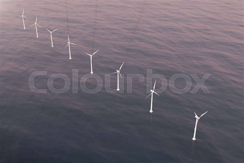 Offshore aerial view of wind turbines in the sea. Clean energy, ecological concept. 3d rendering, stock photo