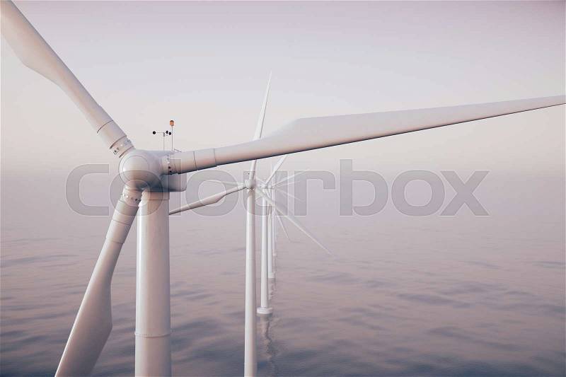 Sunset wind turbines in sea, ocean. Clean energy, wind energy, ecological concept. 3d rendering, stock photo