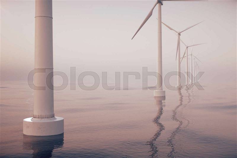 Sunset wind turbines in sea, ocean. Clean energy, wind energy, ecological concept. 3d rendering, stock photo