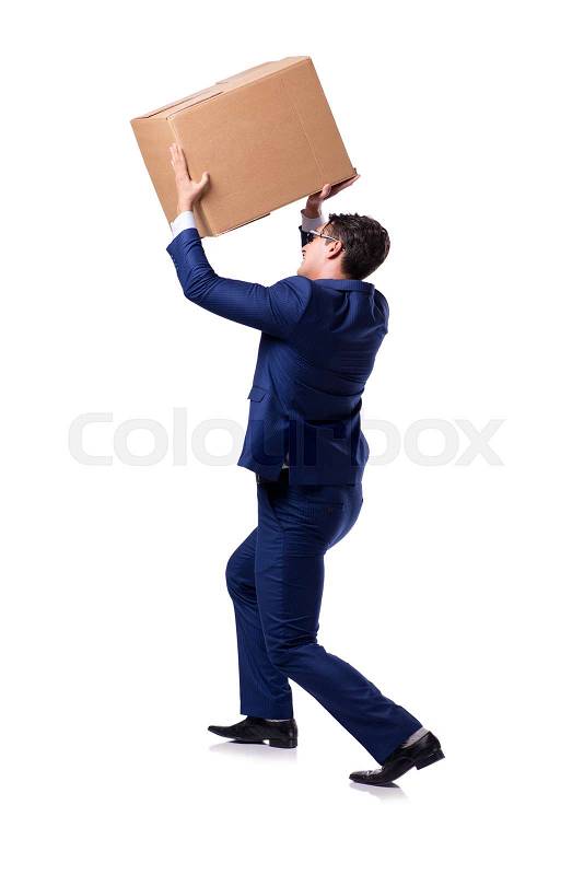 Businessman lifting box isolated on white, stock photo