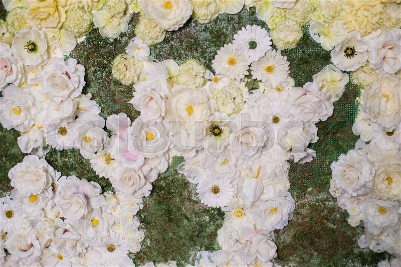 Decor of white flowers for wedding ceremony, stock photo