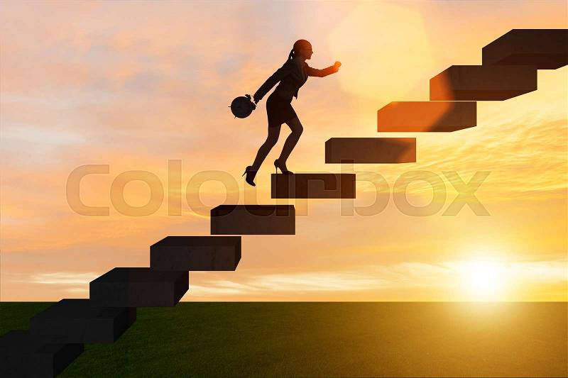 Businesswoman in career growth concept with stairs, stock photo