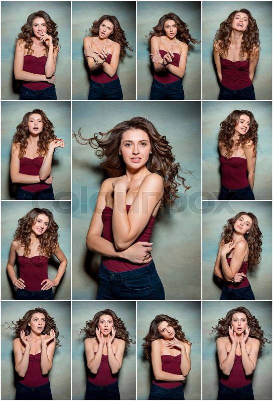 Pretty girl with long hair smiling, enjoying life, posing on gray studio background. Collage, stock photo