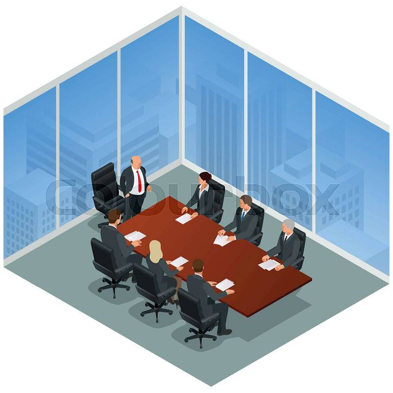Business meeting in a modern office. Speaker at Business Conference and Presentation. Business People on a Meeting. Flat 3d vector isometric illustration, vector