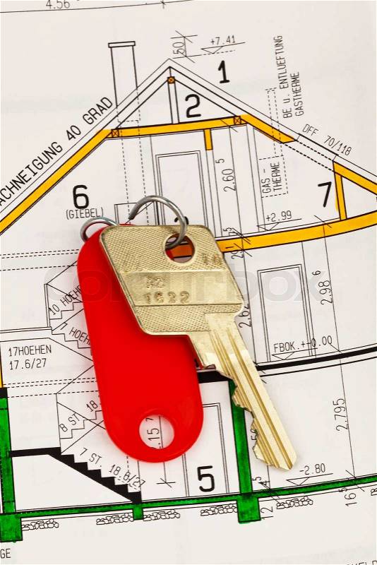 The key to an apartment and a plan in the German language Appear with Euro Currency, stock photo