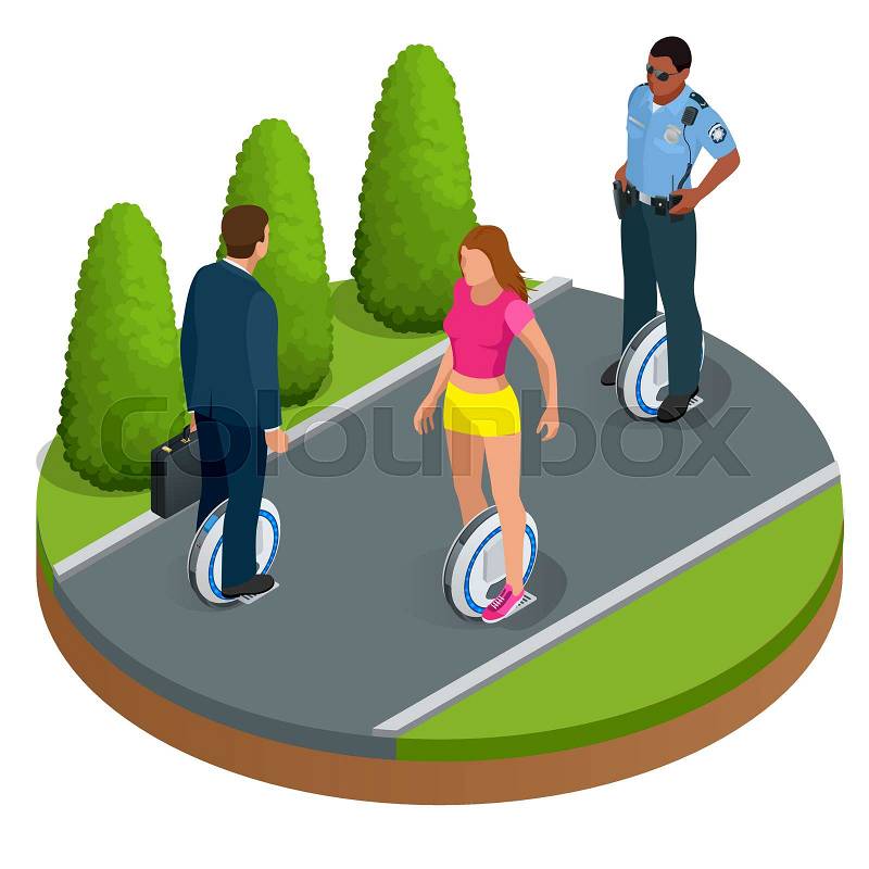 People on One-wheeled Self-balancing electric scooter vector isometric illustrations. Intelligent and fashionable personal transportation tool with interactive function. Concise, fashionable design, vector