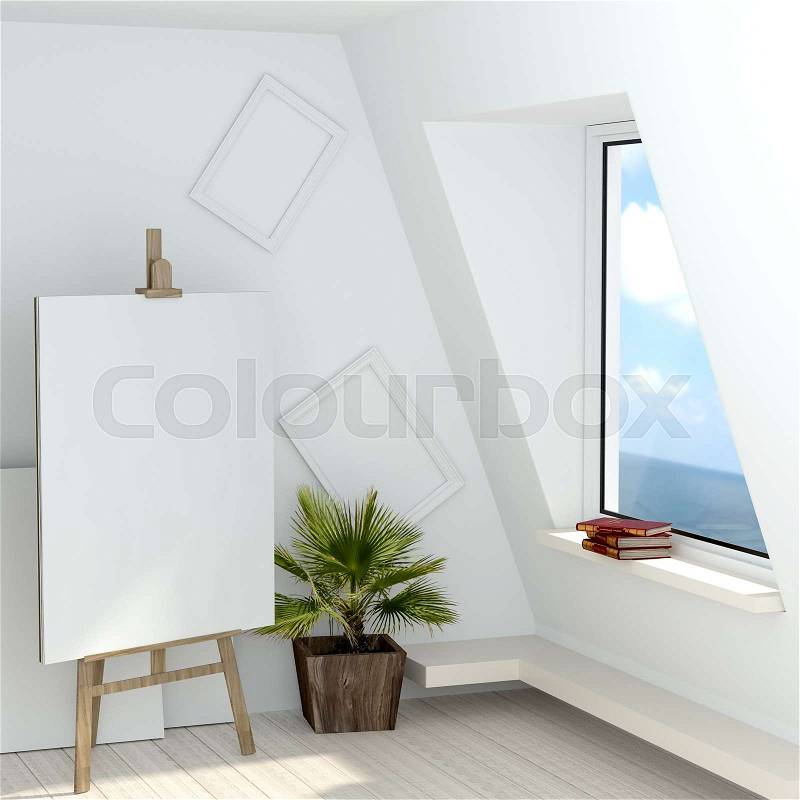 3d illustration of a free artist\'s studio with a window overlooking the sea. Attic artist with his easel, books of Shakespeare on the windowsill, a blank canvas and white empty frame on the wall. High-quality rendering, stock photo