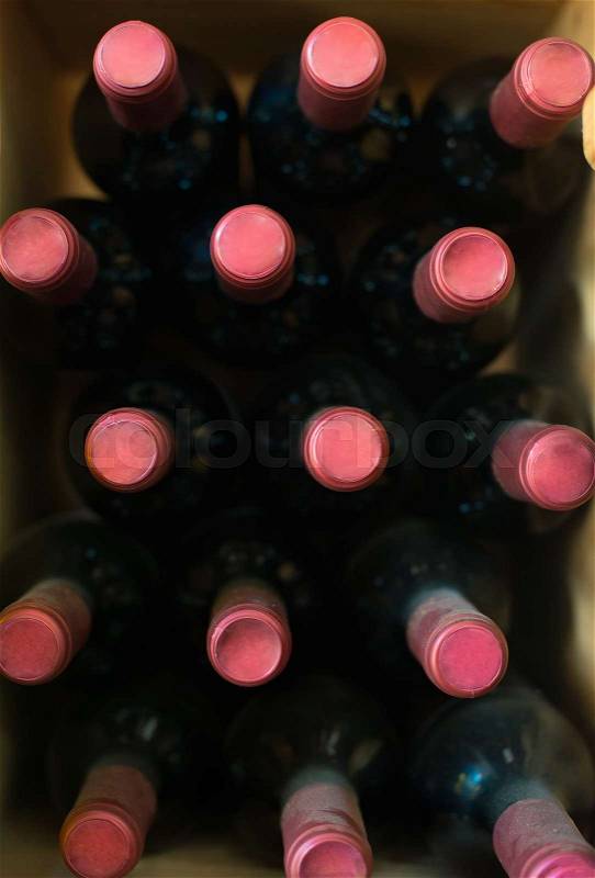 Wine bottles in the wine store. Top view, stock photo