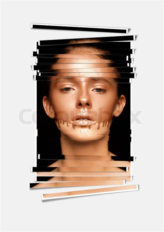 Beauty portrait with foundation makeup over face photo artwork poster on grey background, stock photo