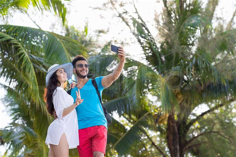 Couple Take Selfie Photo Tropical Beach Palm Trees Summer Vacation, Beautiful Young People, Man Woman Happy Smile Holiday Travel, stock photo