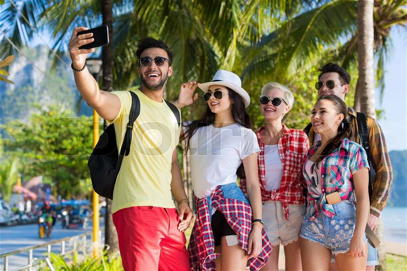 Young People Group On Beach Taking Selfie Photo On Cell Smart Phone Summer Vacation, Happy Smiling Friends Sea Holiday Ocean Travel, stock photo