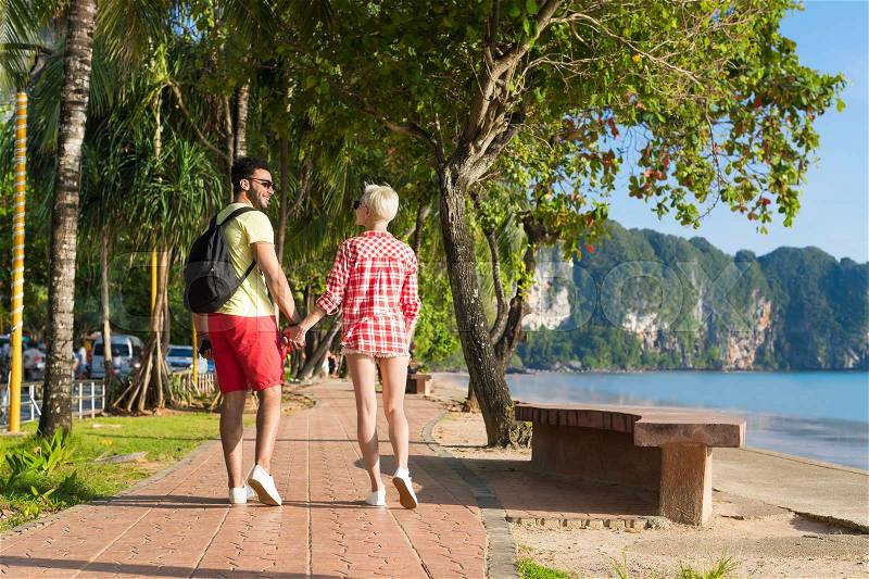 Couple Walking Tropical Beach Palm Trees Summer Sea Vacation, Beautiful Young People Back Rear View, Man Woman Holiday Ocean Travel, stock photo