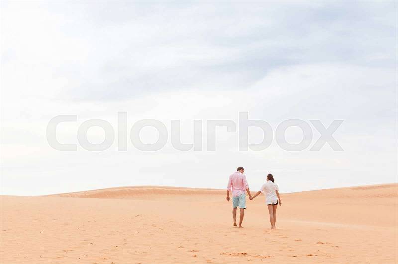 Young Man Woman Walking In Desert Couple Girl And Man Hold Hands Back Rear View Sand Dune Landscape Background, stock photo