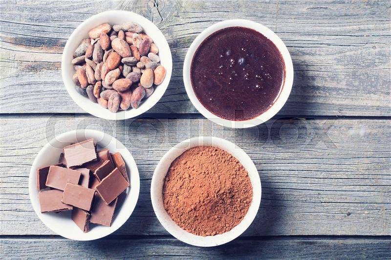 Stages preparation of chocolate from cocoa beans, stock photo
