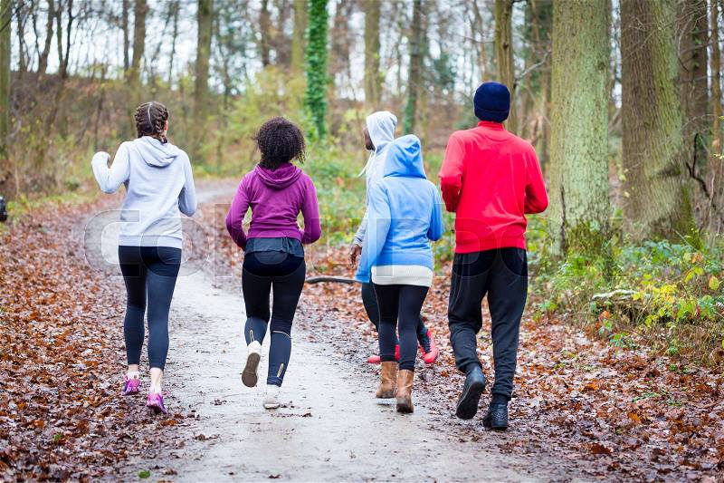 Fitness trainer guiding group of four determined young people during jogging in the forest, stock photo